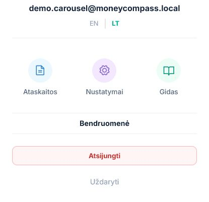 MoneyCompass mobilusis meniu